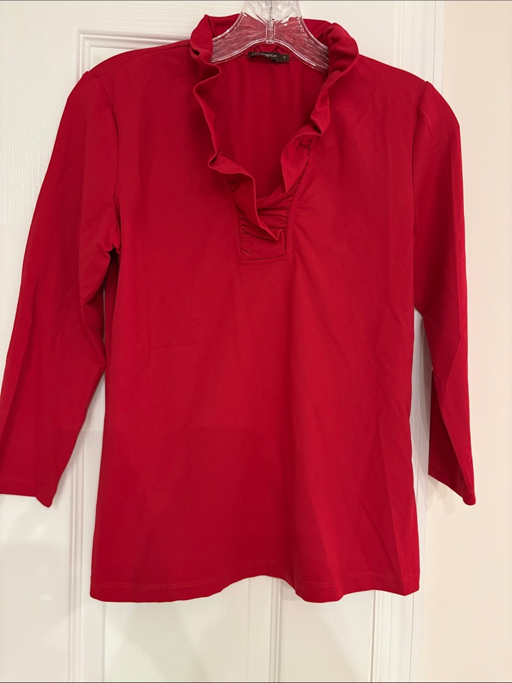 Bright Red Ruffle V-Neck Blouse by J McLaughlin